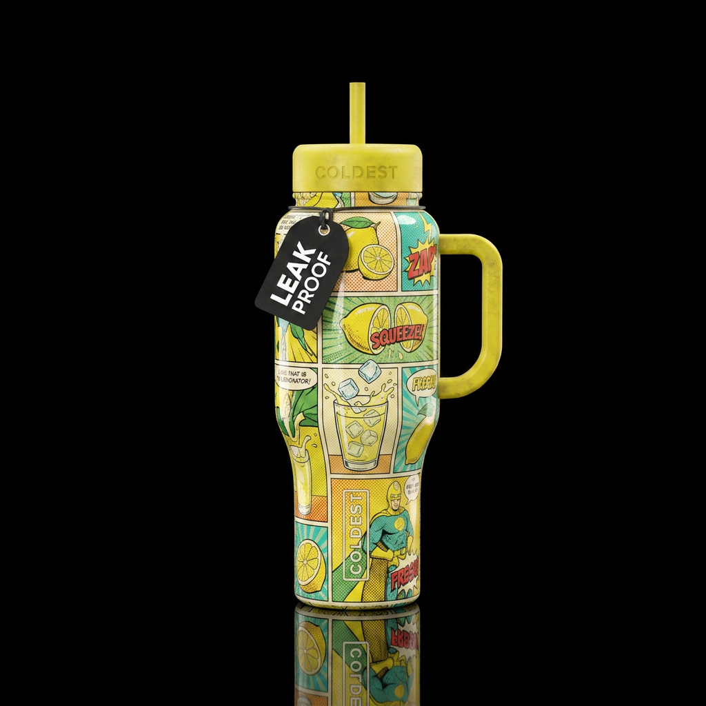 comic book, lemonade, shiny, old water bottle design