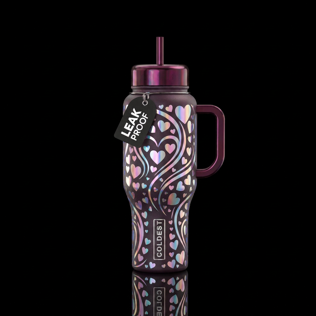 Holographic Heart swirls & twirls water bottle design