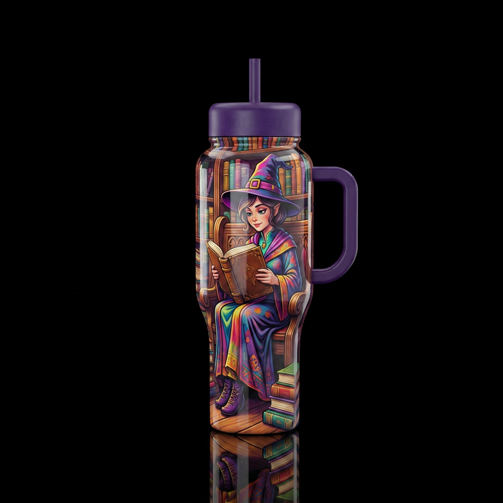 A witch reading a book on a pew, shiny water bottle design