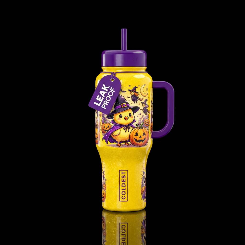 A yellow chick w/ cape & witches, pumpkin,  shiny ... water bottle design