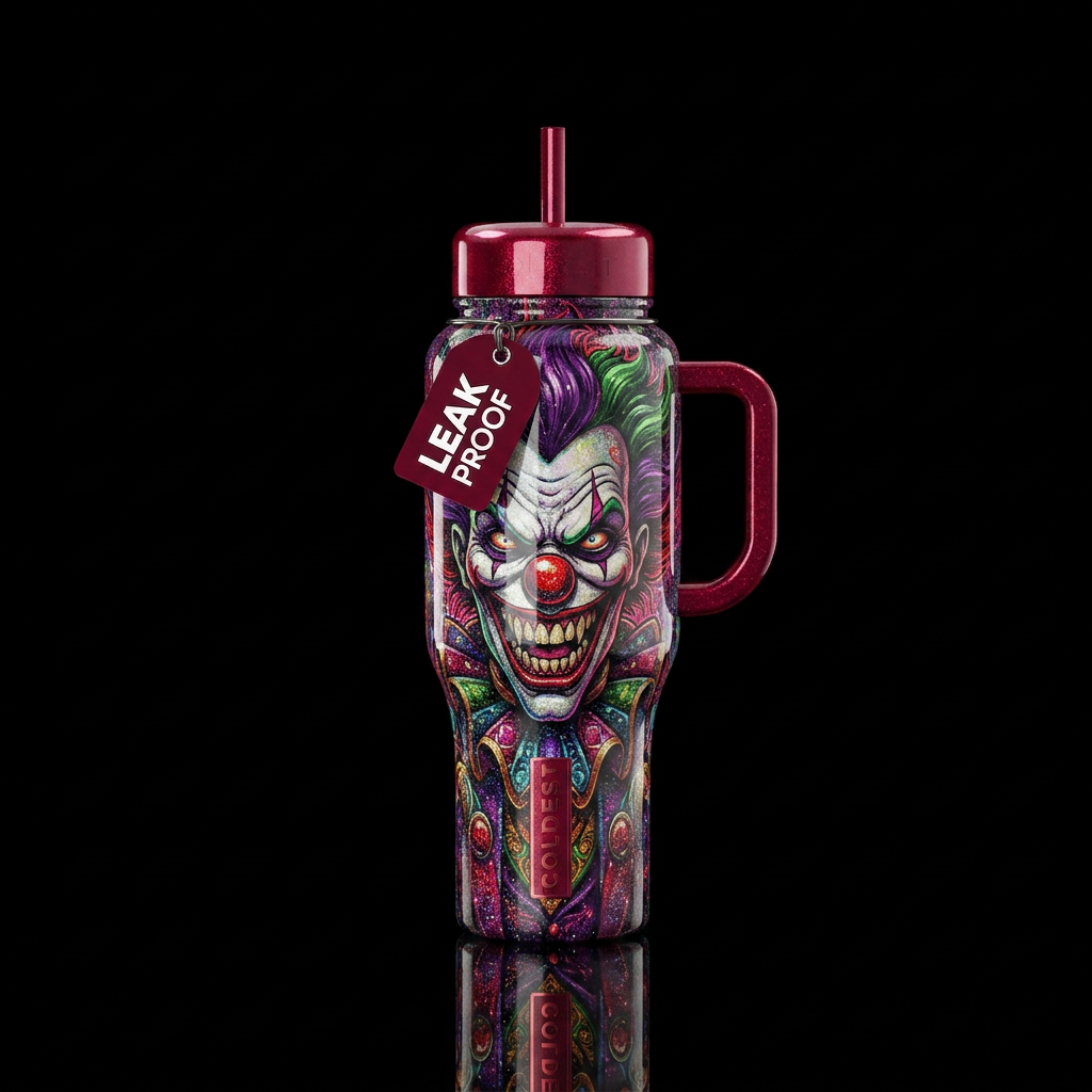 Sparkly scarey clown, shiny water bottle design