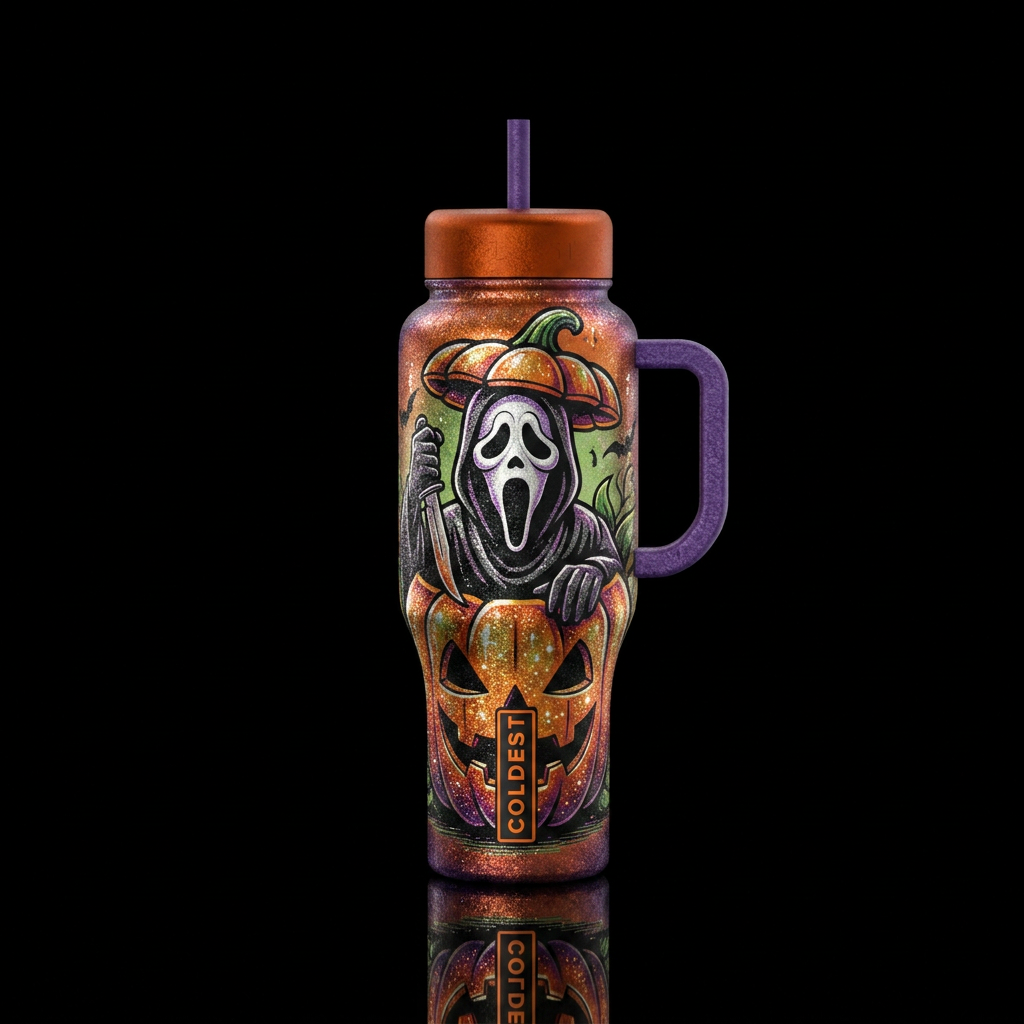 Ghostface sitting in a pumpkin, sparkly,  shiny, t... water bottle design