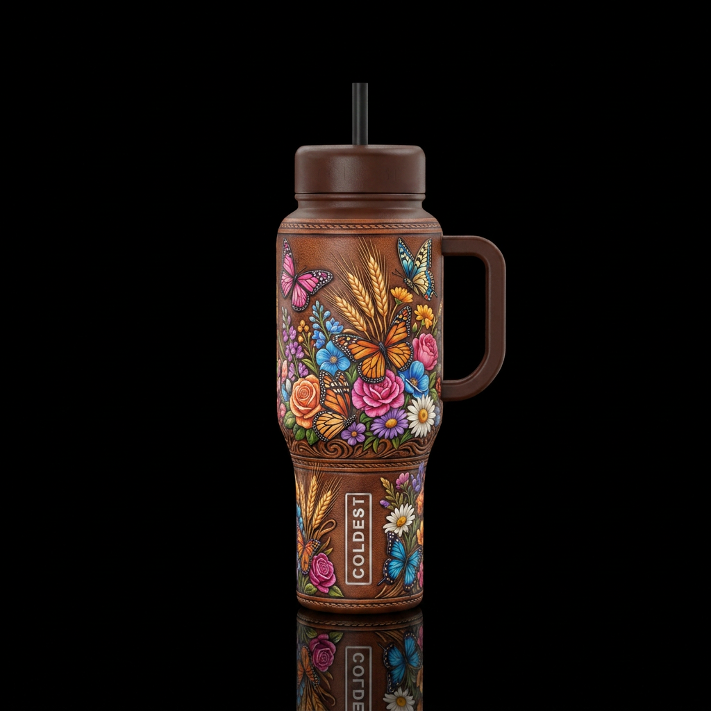 Leather, butterfly, floral & flowers w/ wheat water bottle design