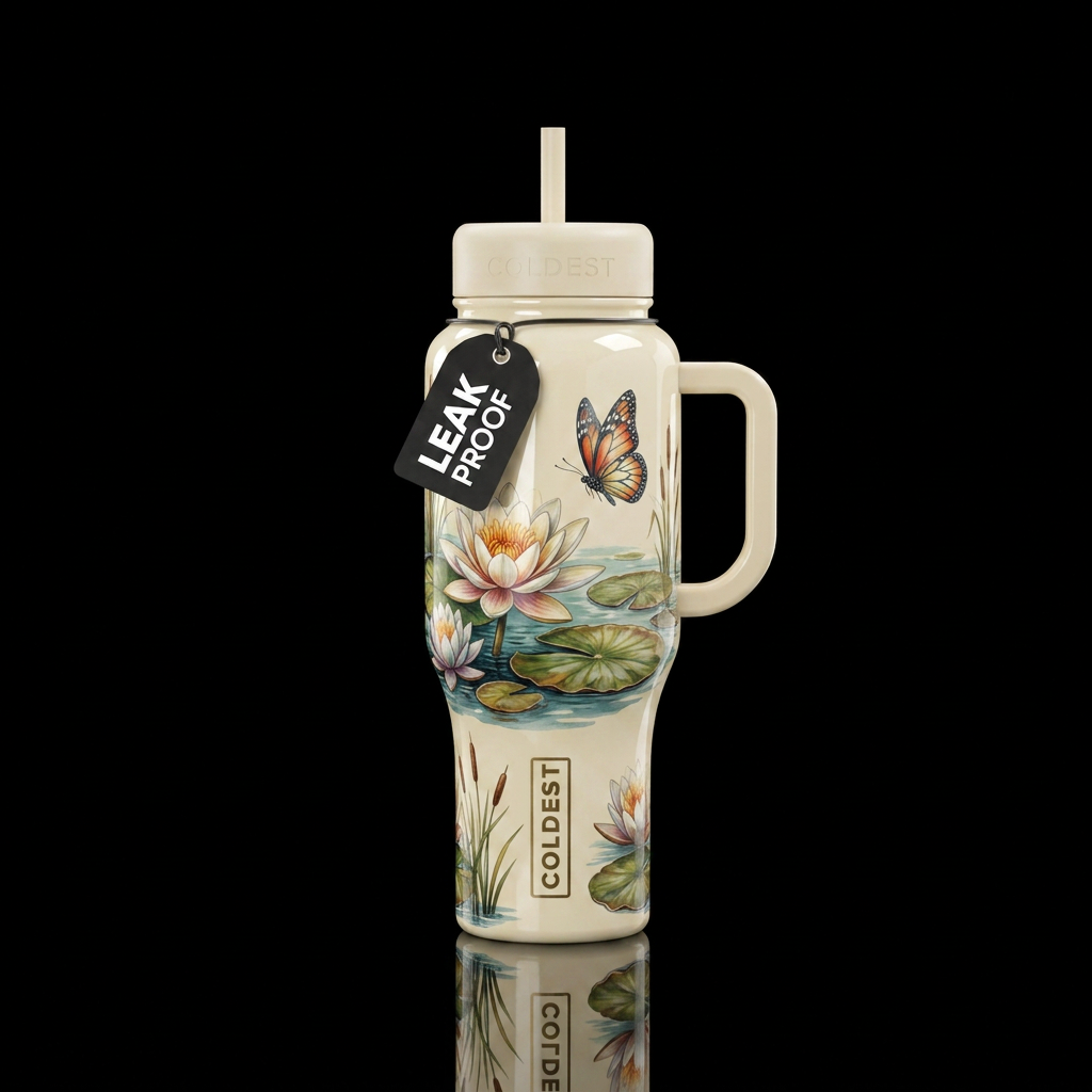 Cream colored w/ water Lilly, A butterfly,  pond, ... water bottle design