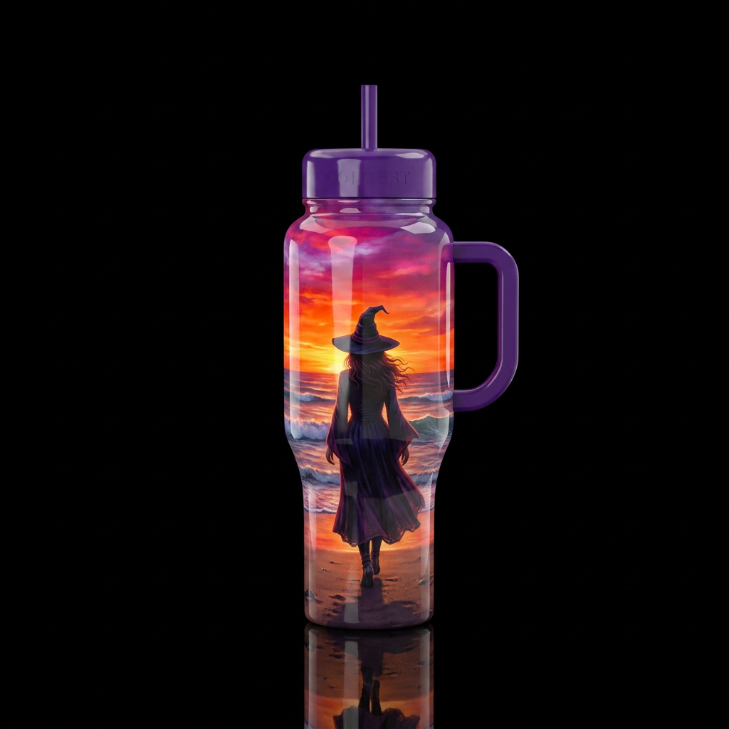 A witch walking toward the ocean,  Sunset, shiny water bottle design