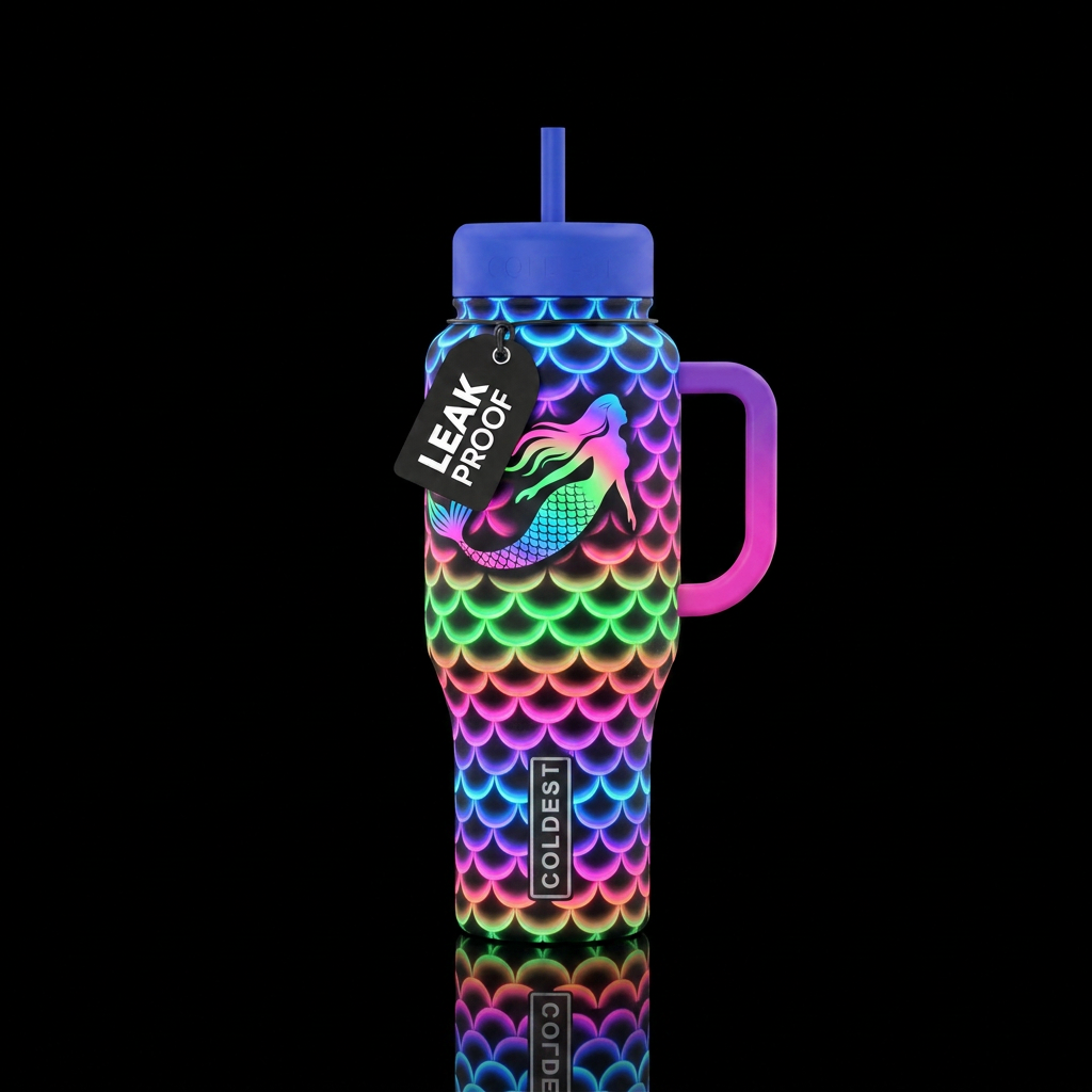 Glow in the dark mermaid scales, Neon multi, horiz... water bottle design