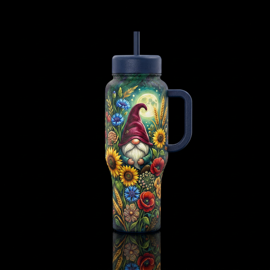 A Gnome, moonlight, flowers & floral,  wheat, text... water bottle design