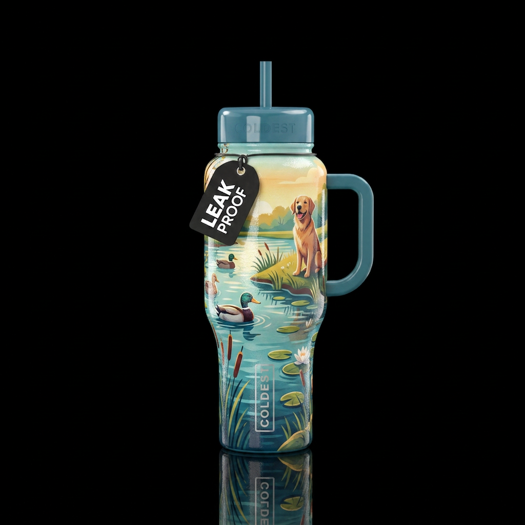 A pond, Ducks, a dog, shiny, textured water bottle design
