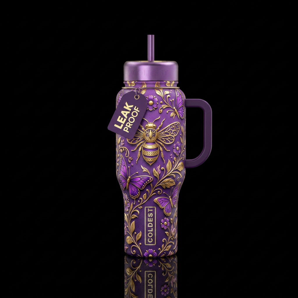 Purple & gold butterfly & bee on flowers & floral,... water bottle design