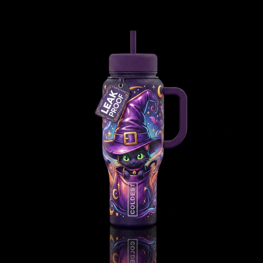A shiny witch hat w/ a black cat, textured water bottle design