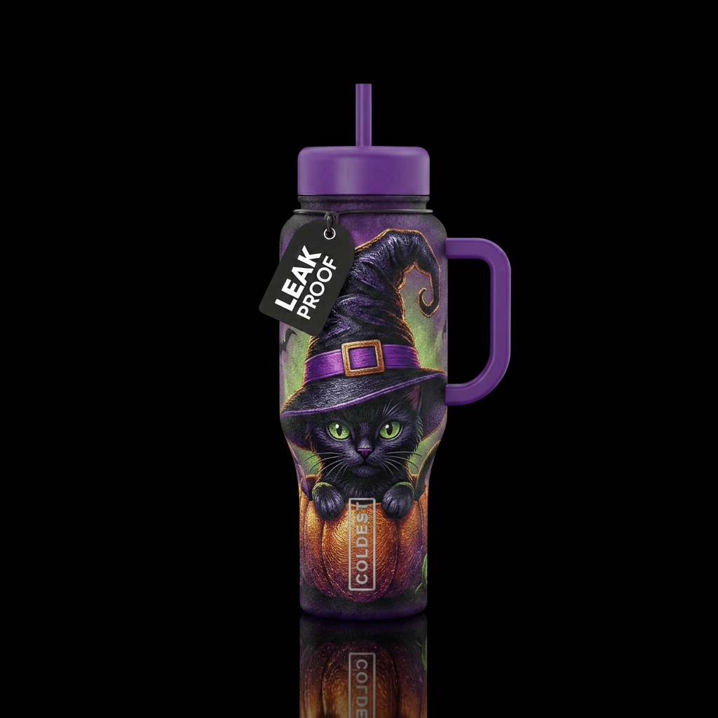 A shiny witch hat w/ a black cat, textured water bottle design