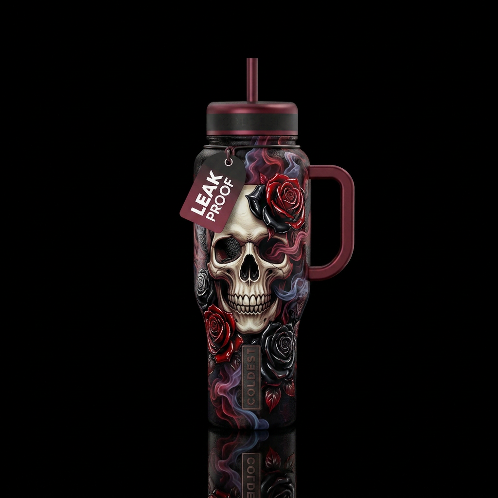 A skull w/ black & red shiny roses, smoke, shiny, ... water bottle design