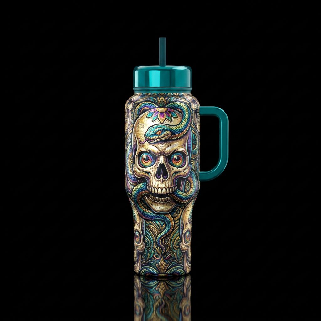 A skull w/ a snake, eyes & top of skull, shiny,  t... water bottle design