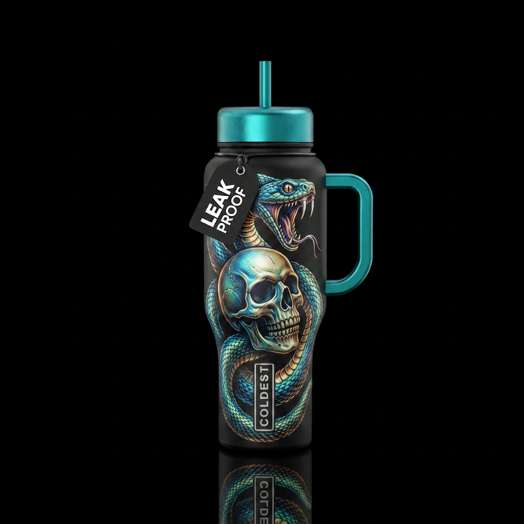 A skull, snake, vicious, shiny, textured water bottle design