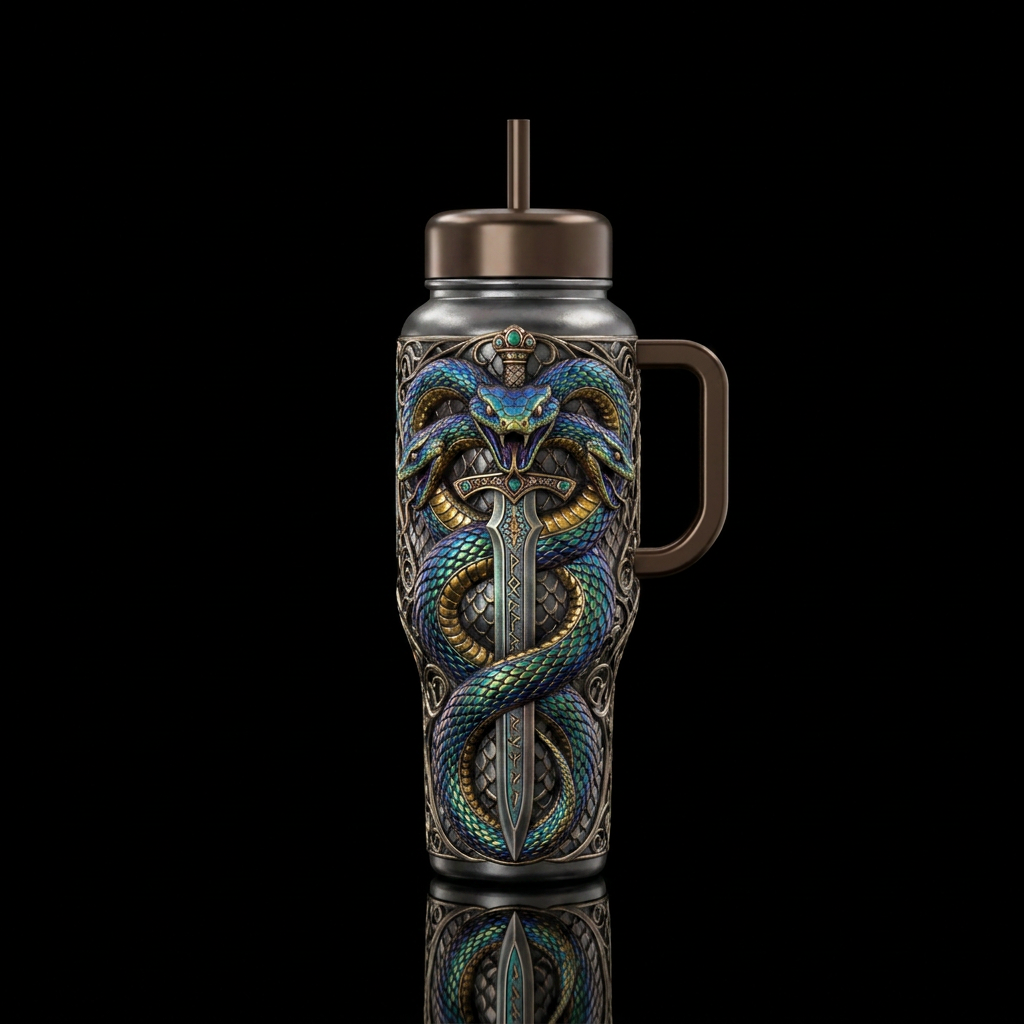 A sword& Snake, textured,  shiny water bottle design