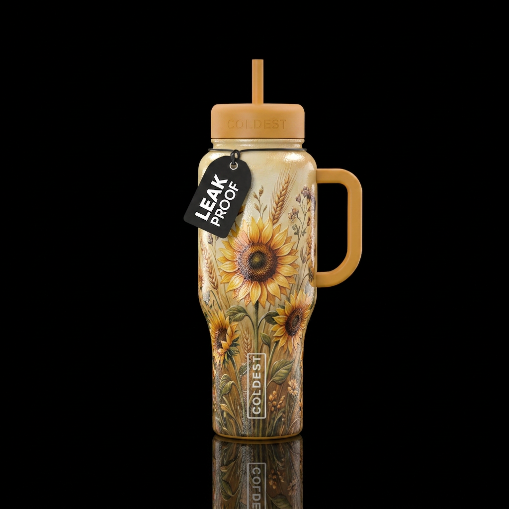 Sunflowers, wheat & floral, textured shiny, dreamy water bottle design