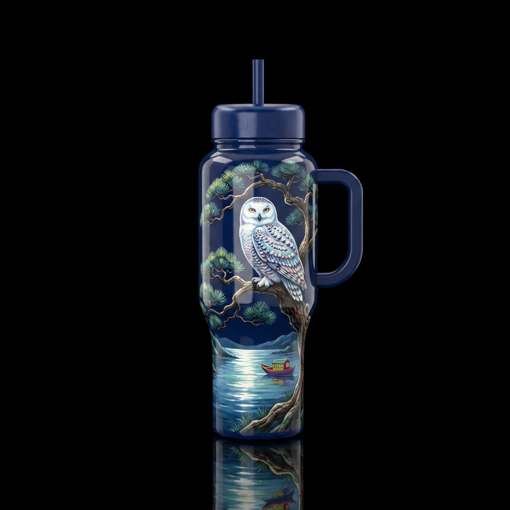 Shiny snow owl sitting in pine tree, pond, moonlig... water bottle design