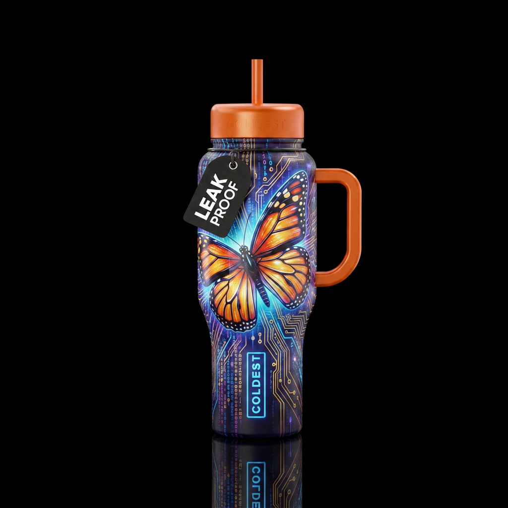 encryption, realism, shiny, artistic, butterfly water bottle design