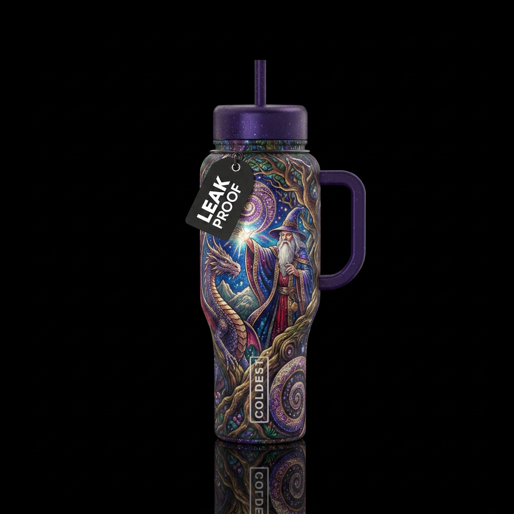 wizard, dragon, artistic, ancient, sparkly, spiral... water bottle design