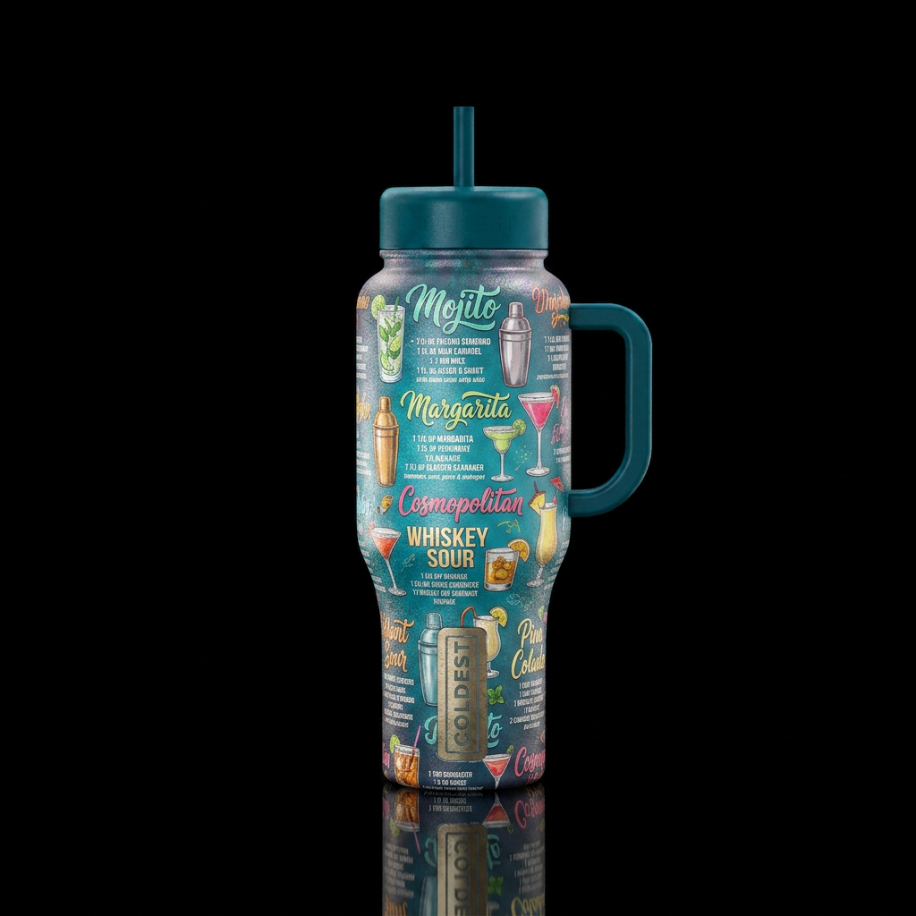 Mixed drink recipes, textured,  shiny water bottle design