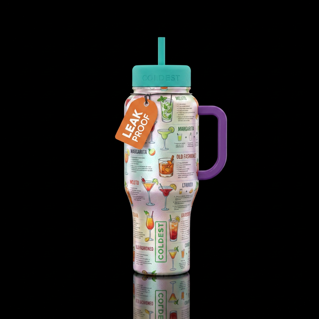 Mixed drink recipes, textured,  shiny water bottle design