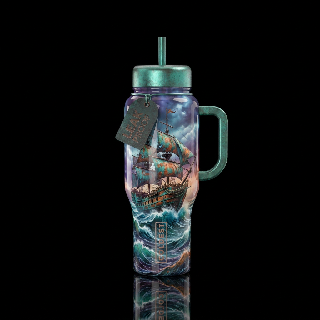 stormy seas, ship,, oxidized, shiny water bottle design