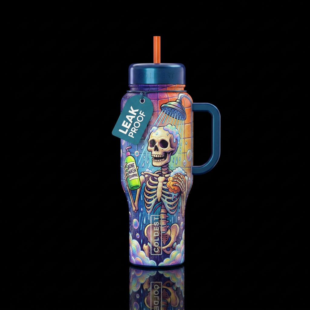 A skeleton taking a shower holding shampoo,  textu... water bottle design