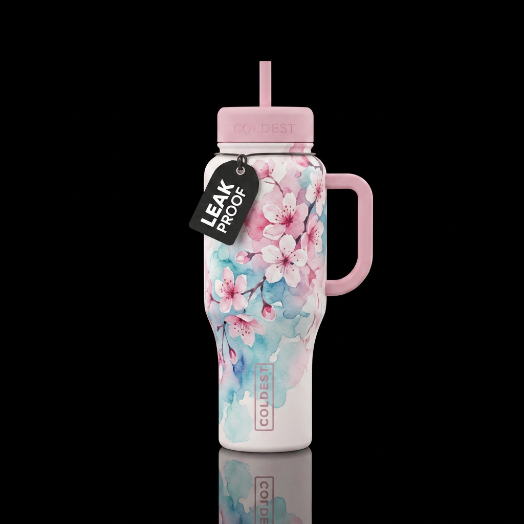 cherry blossom season, beautiul, watercolor, abstr... water bottle design