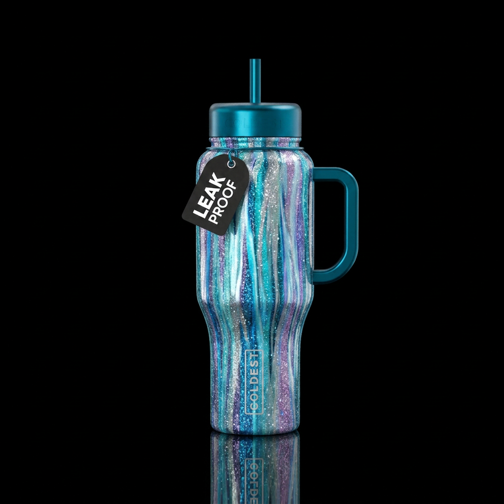 waterfall, shiny, vibrant, abstract, sparkly water bottle design