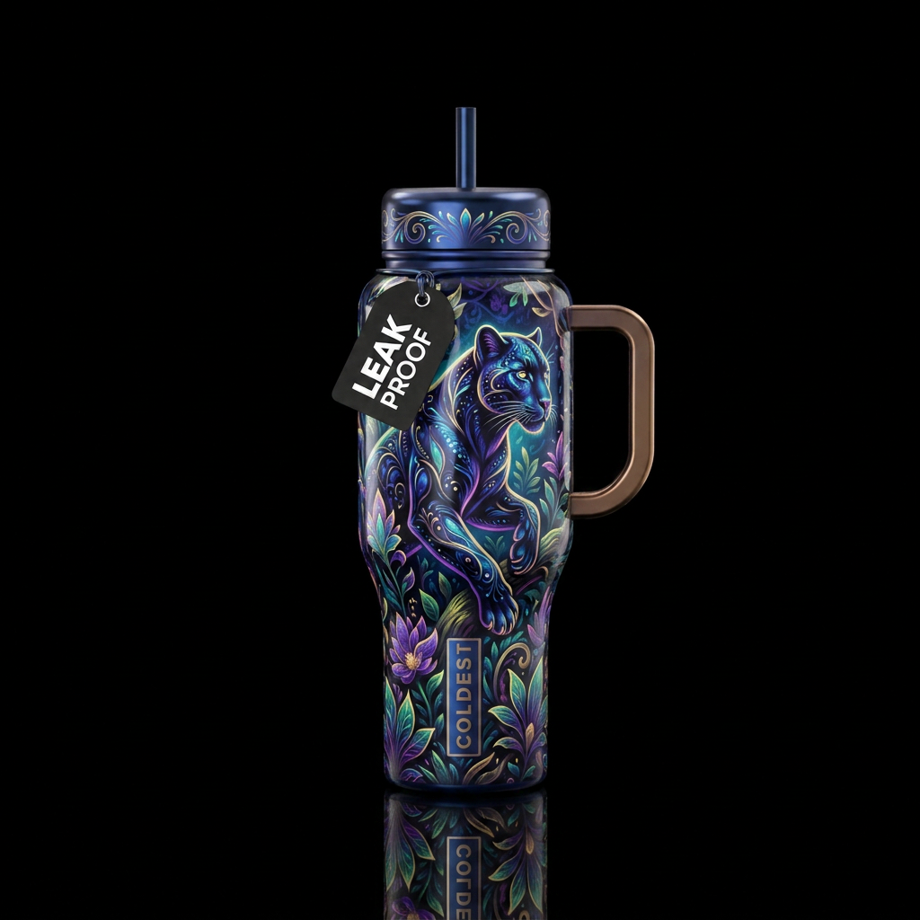 panther,, shiny, magical, realism, whimsical water bottle design