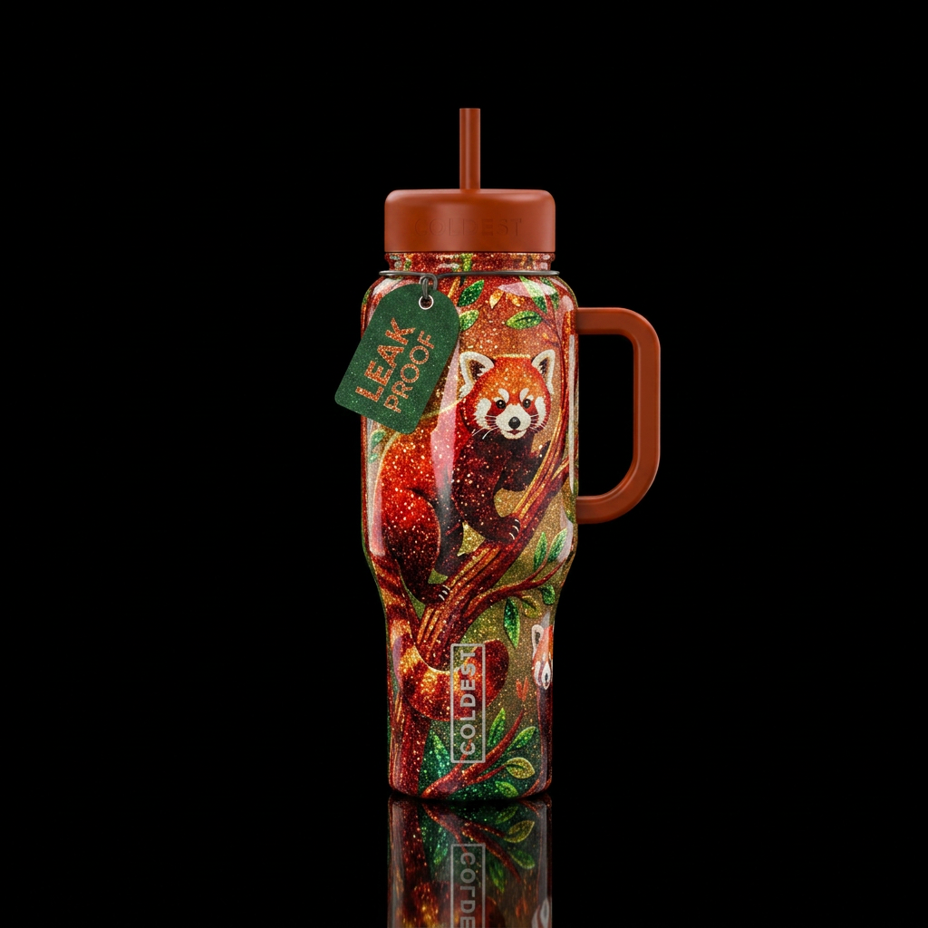 red panda, shiny, sparkly, vibrant, tree, water bottle design