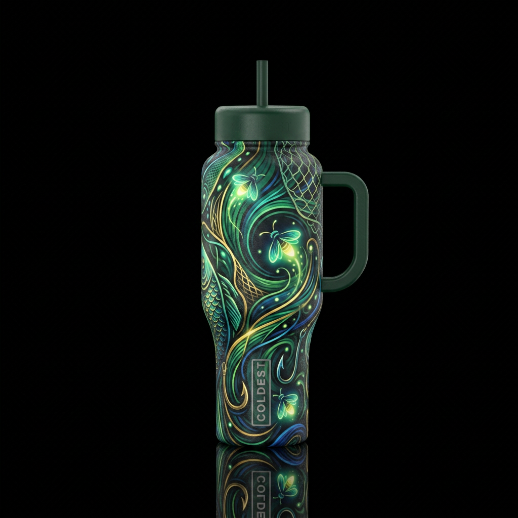 fishing, firefly, shiny, abstract, vibrant water bottle design