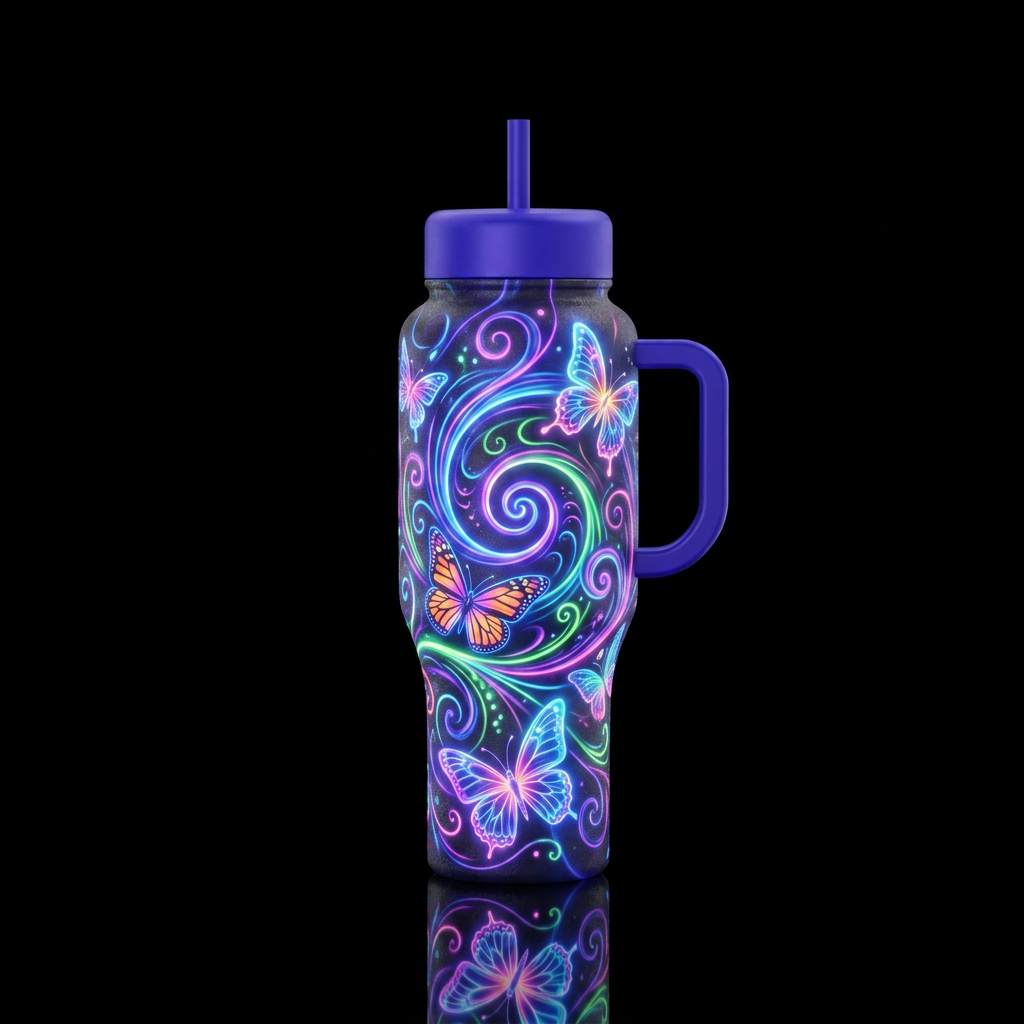 glowie, whimsical, spirals, butterfly water bottle design