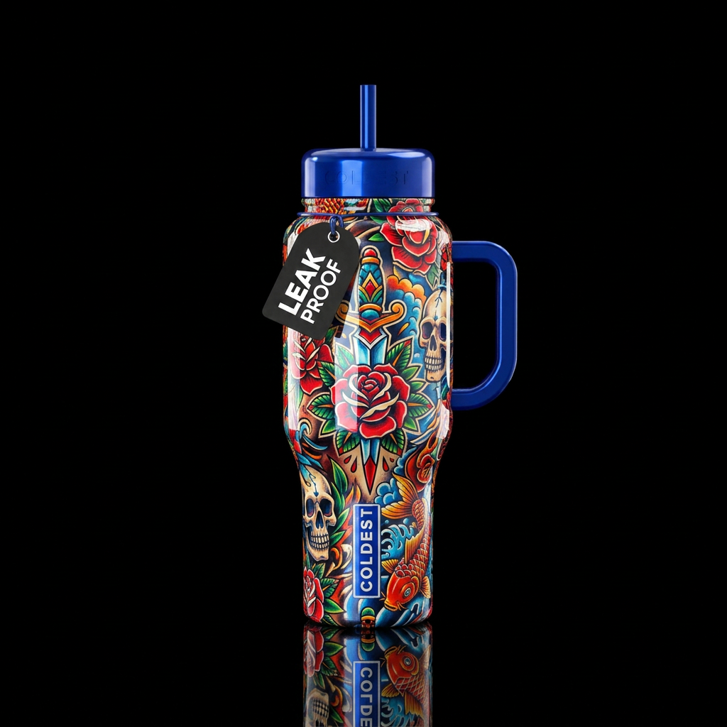tattoo style, shiny, vibrant water bottle design