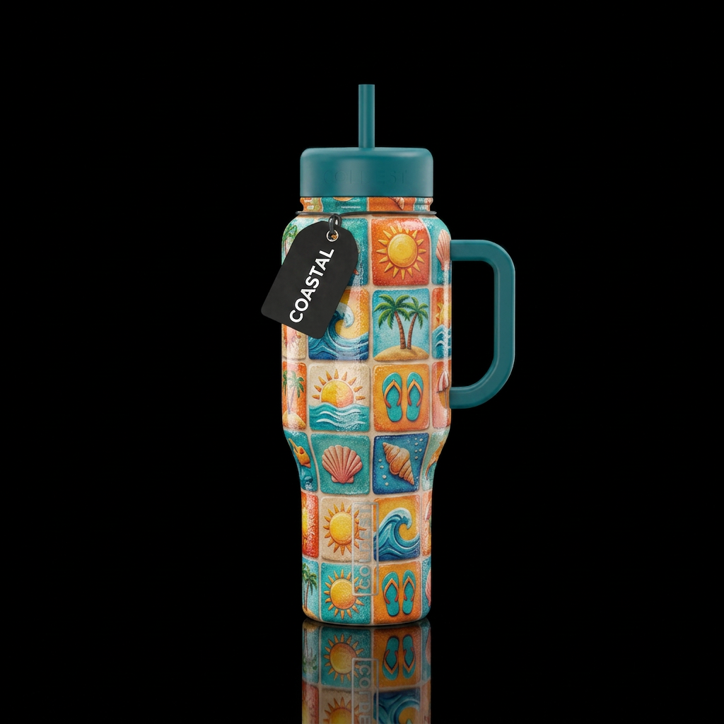 Beach squares, textured,  shiny water bottle design