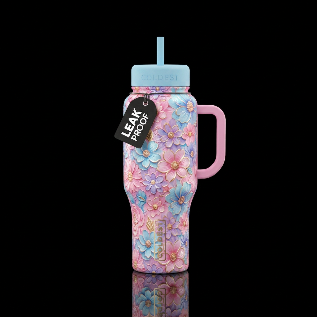 cotton candy, shiny flowers & floral, textured water bottle design