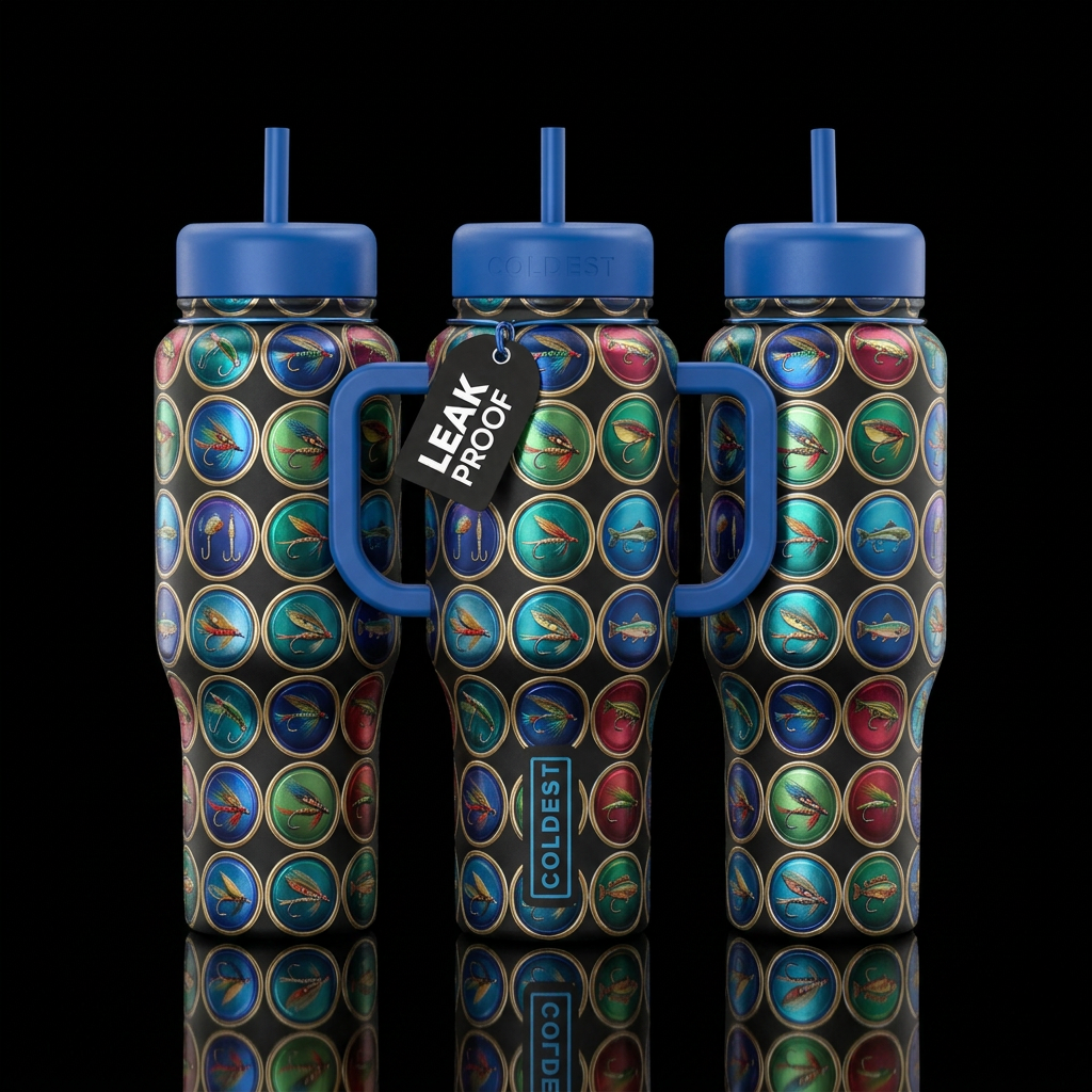 Fishing circles, textured,  shiny, show front & ba... water bottle design
