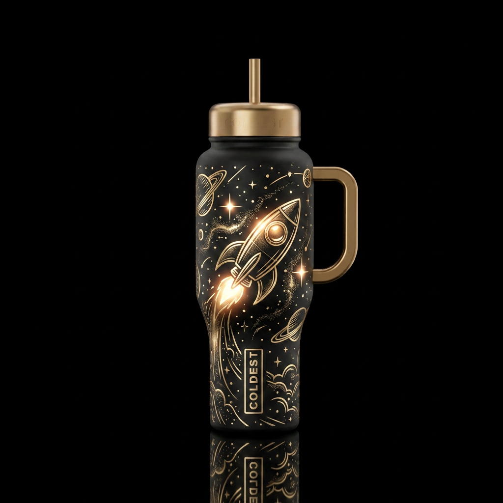Gold outlided space, rocket, shiny, glowie water bottle design