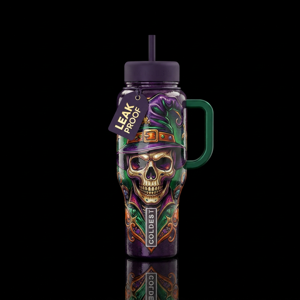 Skull, witches hat, shiny, textured water bottle design