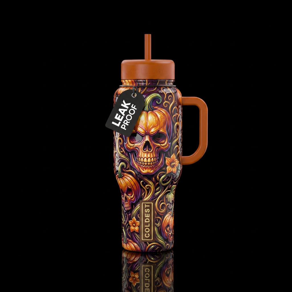 Pumpkin skull, shiny, textured water bottle design