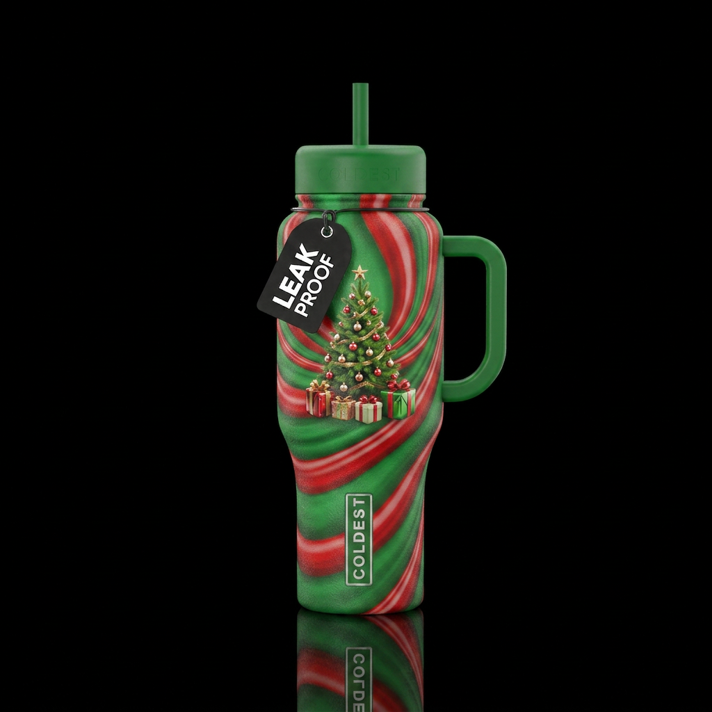 Candy cane swirls, A Christmas tree, gifts, shiny,... water bottle design