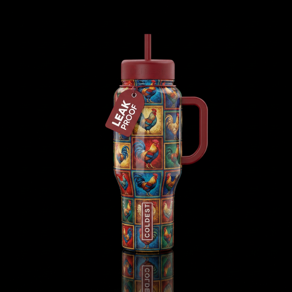 Rosters & chickens squares, shiny textured water bottle design