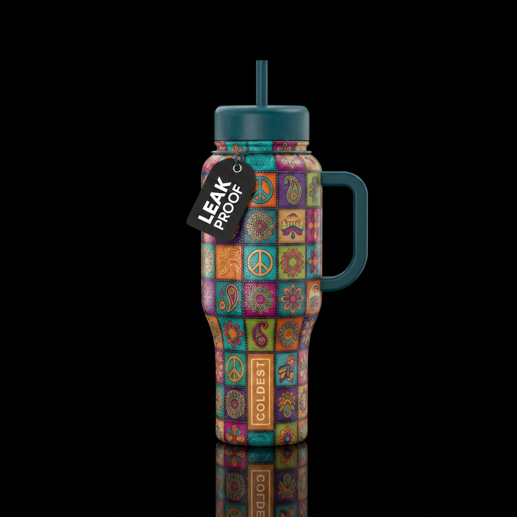 Hippie squares, shiny, textured water bottle design