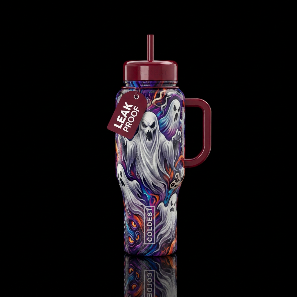 White ghost  scary, shiny, textured water bottle design