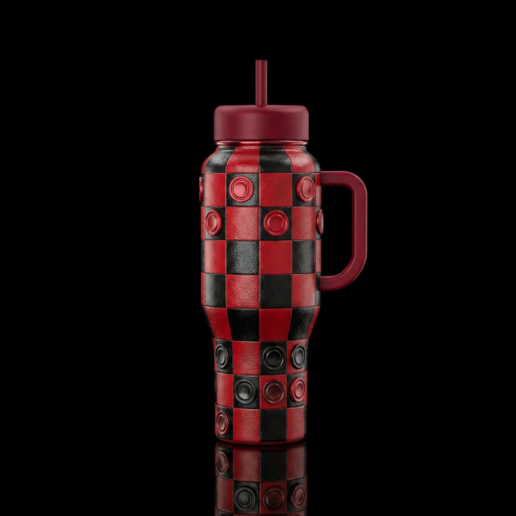 Checkers, game pieces, shiny, textured water bottle design