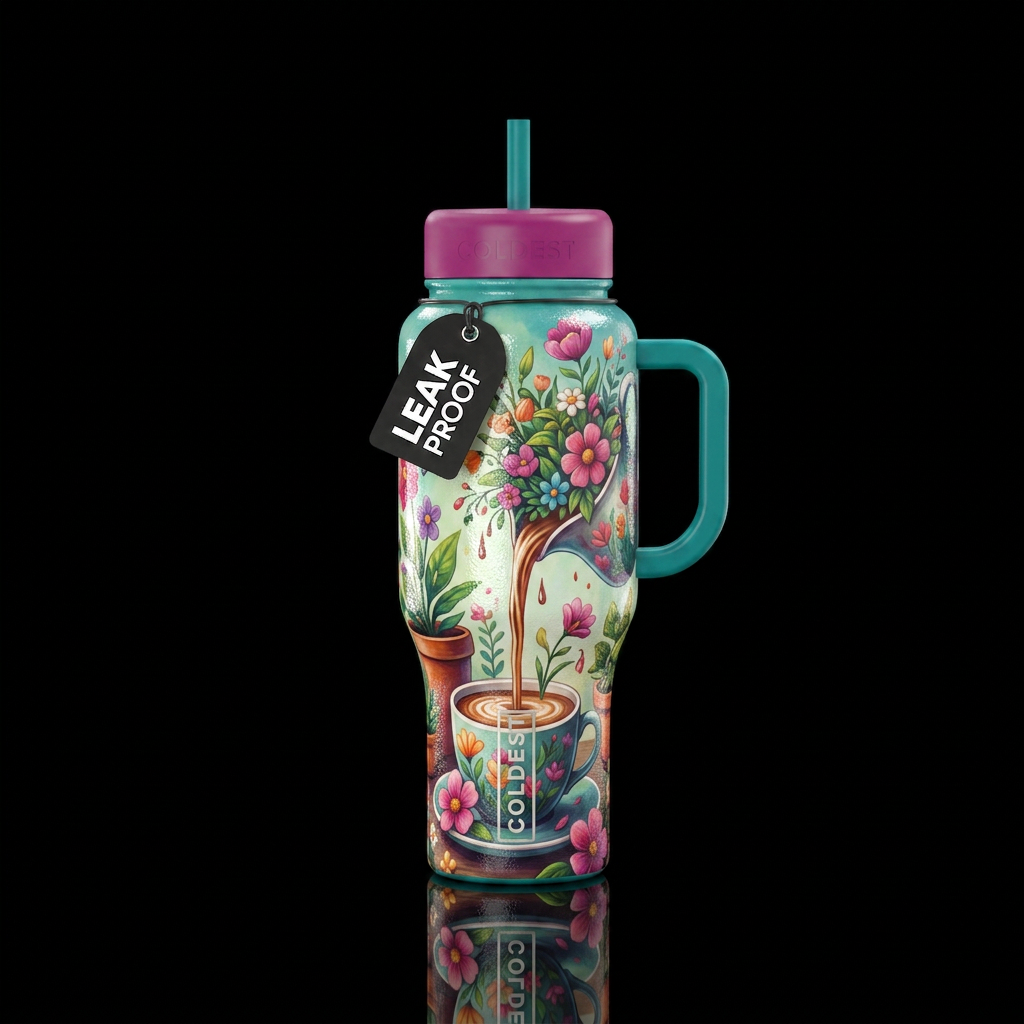 Pot flowers pouring in a coffee cup, floral & flow... water bottle design