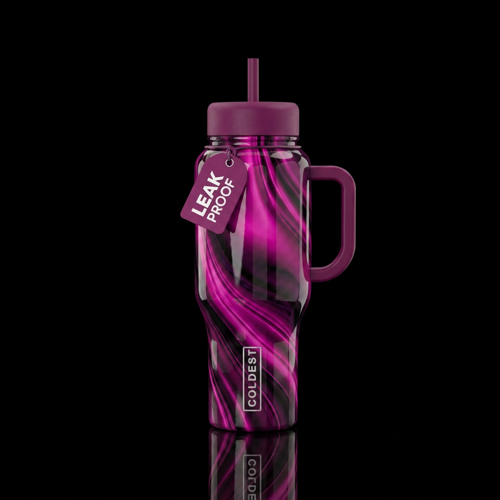 magenta, abstract, shiny, vibrant, dark mood water bottle design