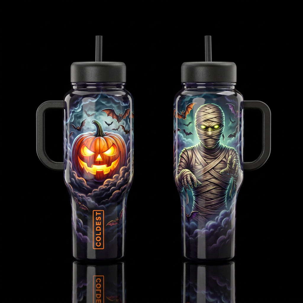 Scary clouds,  pumpkin, mummy, Bats, shiny, front ... water bottle design