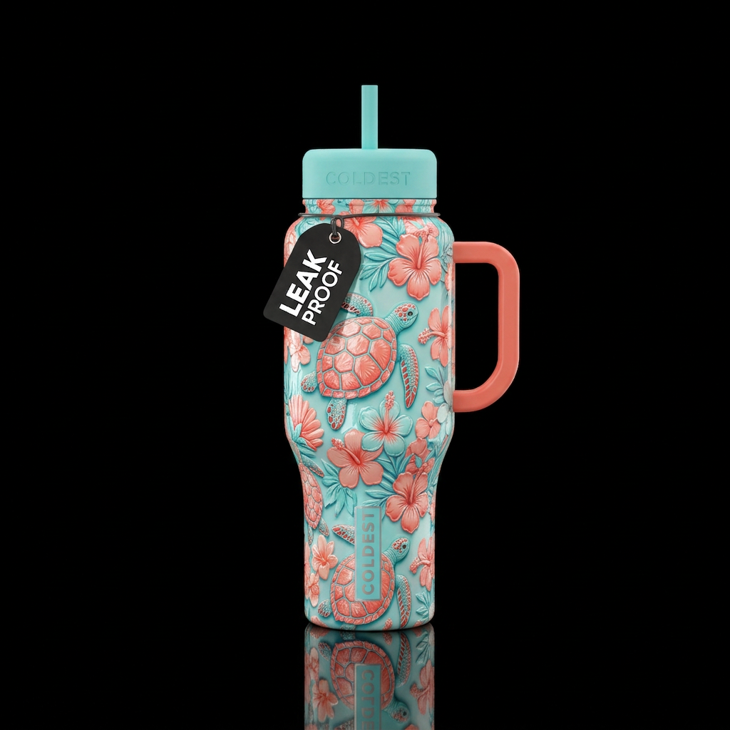 Coral & aqua turtles with flowers & floral, shiny,... water bottle design
