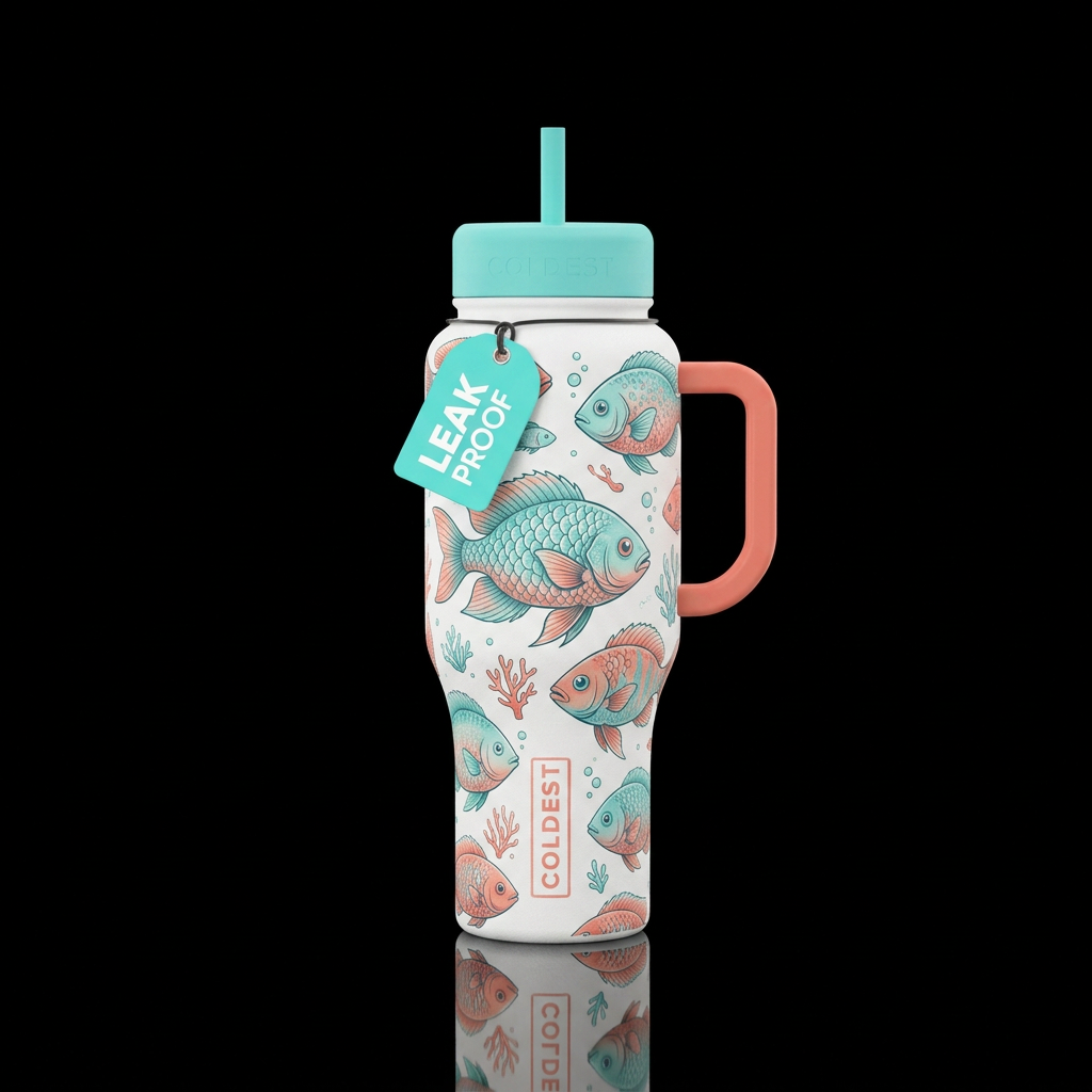 White bottle, Aqua & coral colored fish, shiny, te... water bottle design